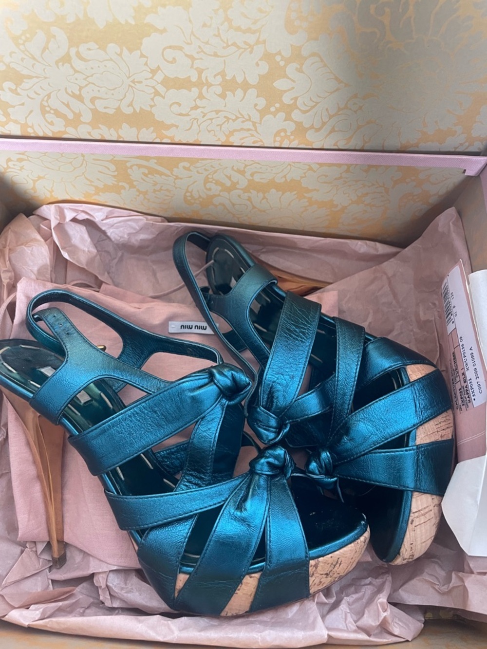 Miu Miu Metallic Teal Knotted Platform Sandals